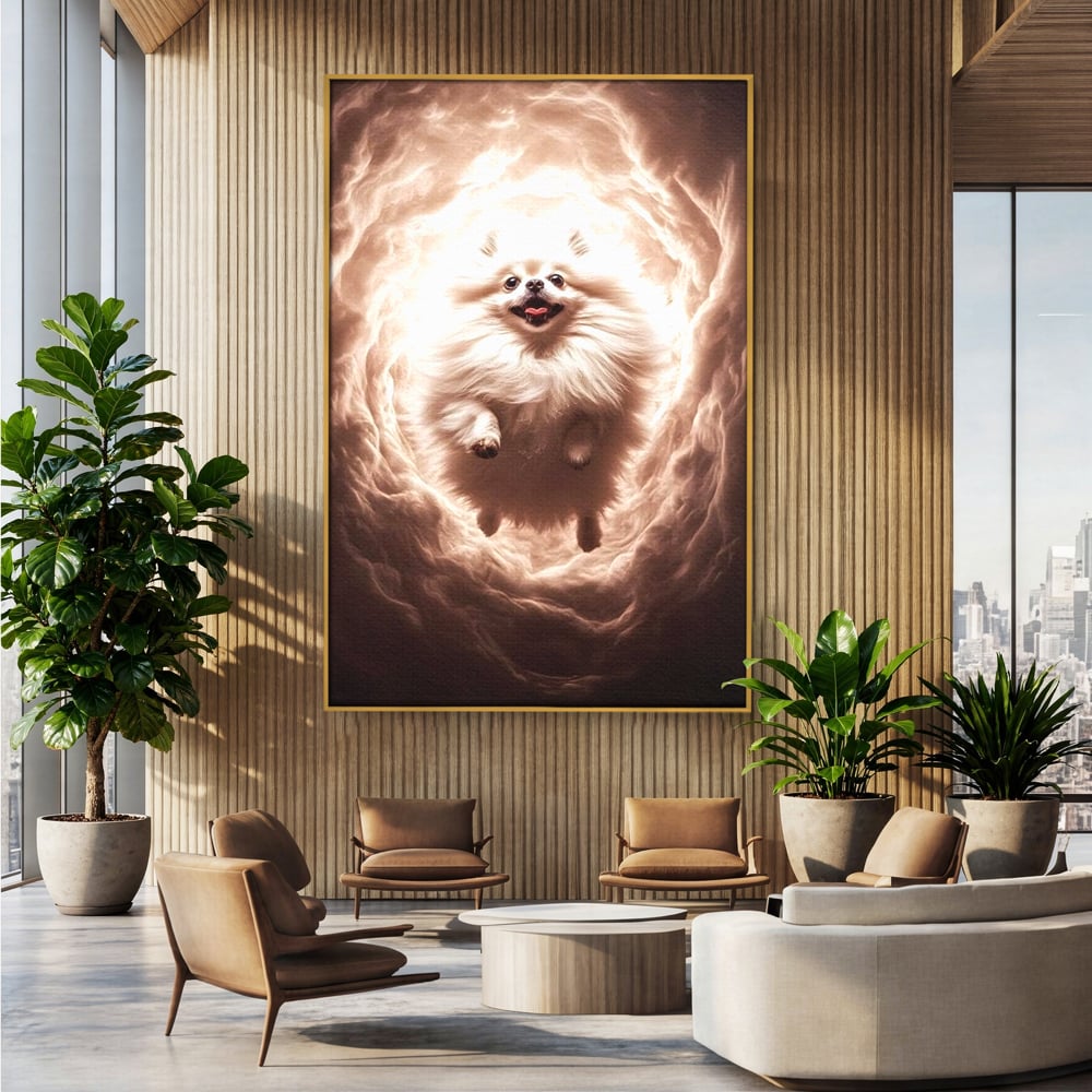 Tablou canvas cu tablou canvas cu caine pomeranian pufos, in rama de aluminiu auriu, pe perete intr-un birou